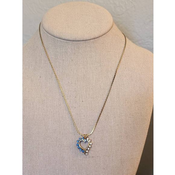 Vintage Gold Tone Blue and Clear Stone Open Heart Pendant on Gold Tone 17" Chain - Picture 1 of 6
